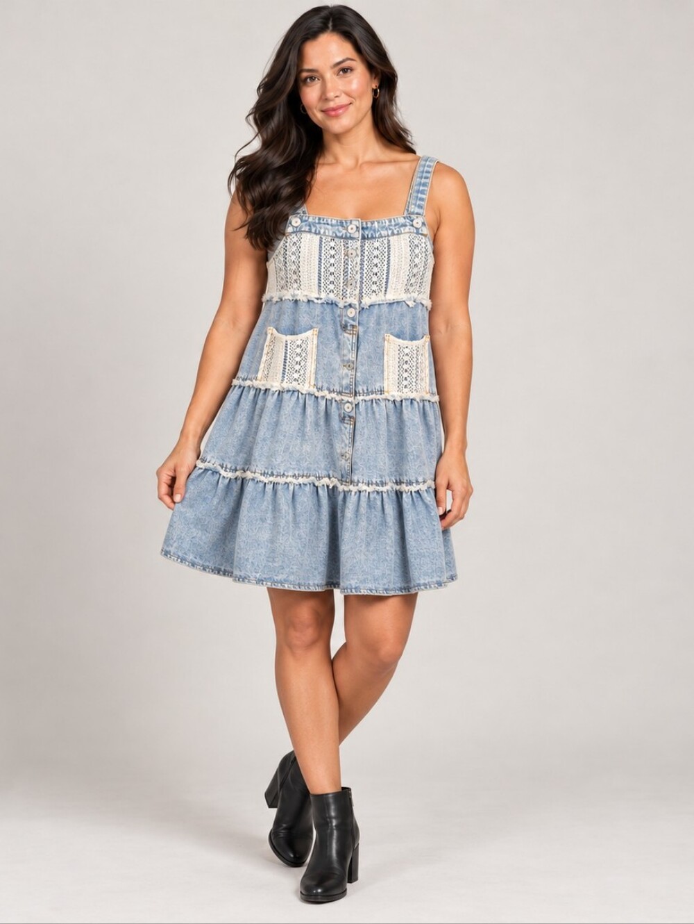 Light Wash Denim Crochet Lace Tiered Pinafore Mini Dress XL A-219